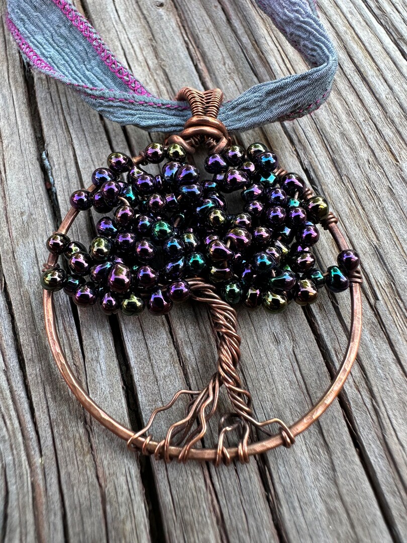 3D Beaded Tree of Life Copper Wire Wrapped Pendant with Silk